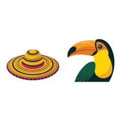 Fototapeta premium Toucan bird head and woven sombrero illustration for summer travel poster, tropical fiesta event, wildlife education, latin holiday design