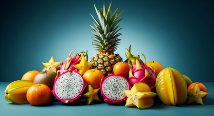 vibrant assortment of fresh tropical fruits on a blue background