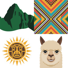 Fototapeta premium Andean culture icons with alpaca portrait, sun symbol, mountain landscape and geometric textile, South American travel heritage illustration set