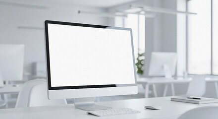 Fototapeta premium Modern Desktop Computer Showcasing Blank Screen in Bright Minimalist Office with Soft Natural Daylight