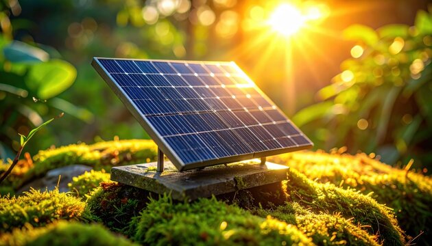 FlyPro Firefly miniature solar panel array on mossy stone with intricate photovoltaic cells under sunlight