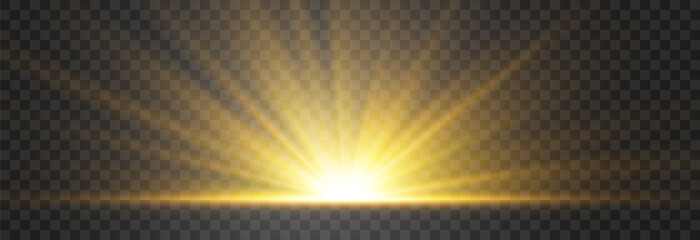 Golden sun rising from the horizon with blinding light rays isolated on transparent background, sunrise or sunset vector illustration