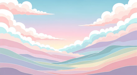 Fototapeta premium Whimsical Pastel Dreamscape: Soft Clouds Floating Over Layered Mountains at Sunrise