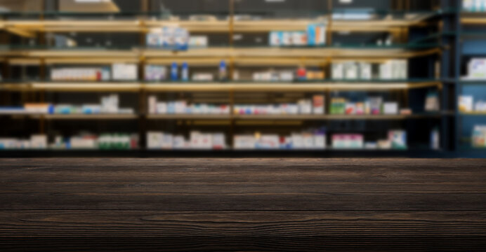 empty table with blurred pharmacy background