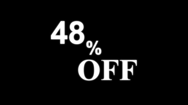 Abstract 48 Percent Off Discount Sale Animation. Minimalist White Text on Black Background for Retail Promotion and Marketing. 4k motion graphics animation.