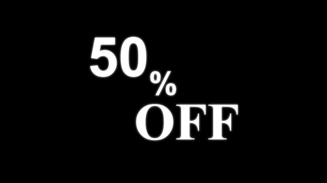 Abstract 50 Percent Off Discount Sale Animation. Minimalist White Text on Black Background for Retail Promotion and Marketing. 4k motion graphics animation.