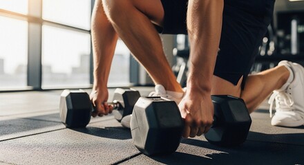 Fototapeta premium Athletic Man Grasping Dumbbells on Gym Floor Bathed in Golden Hour Sunlight