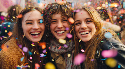 Women celebrating with confetti and smiles ,international women day, photo style