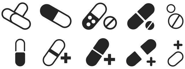 Capsule Glyph Pill Icons Set, Medical Capsule Pictogram Black Silhouette Medicine Pharmaceutical Drug Symbol Vector Isolated Design