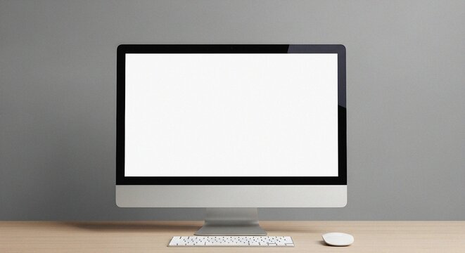 All-in-one Desktop Computer Presenting Crisp Blank Screen on Light Wooden Desk Against Plain Gray Wall with Bright Studio Lighting and Minimalist Aesthetic