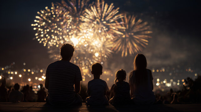 A family watching fireworks together at night ,Chiness New Year, photo style