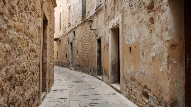 Narrow stone alley with textured walls and curved cobblestone pathway in old town