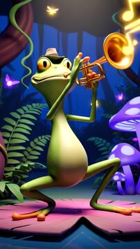 Cartoon frog with hat playing trumpet in magical night forest