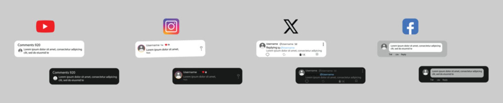 Social media comments UI mockup for YouTube comments. YouTube,  X, and Facebook and Instagram comment interface mockup. comments Light and dark mode interface design template
