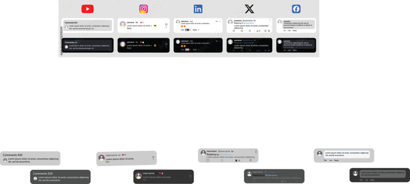Social media comments UI mockup for YouTube comments. YouTube,  X, and Facebook and Instagram comment interface mockup. comments Light and dark mode interface design template
