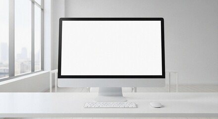 Fototapeta premium Sleek desktop computer showcasing empty display on white desk in bright contemporary office high-key aesthetic