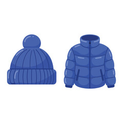 Blue winter outfit icons with knitted beanie and padded jacket, warm clothing vector for cold season, ski trip and travel © RA Studio