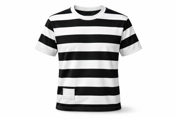 Striped prison uniform tshirt on clear invisible mannequin torso front view showing fit tension and neckline ribbing