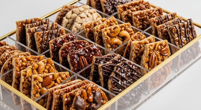assorted nut and chocolate confectionery bars in a clear display tray