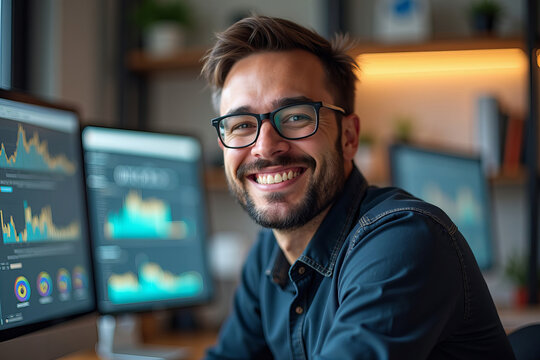 A joyous male technical writer captured candidly in his office, immersed in technology and work-related materials.