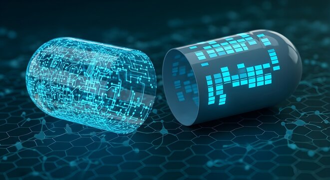 Digital concept of a pharmaceutical capsule opened to reveal glowing internal circuitry symbolizing advanced nanotechnology and futuristic medical technology integration for health innovation.