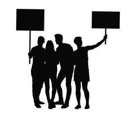 Group of people different ages holding blank placards banners signs front view black silhouette isolated on white background vector illustration.