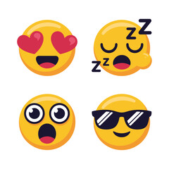 Emoji face pack with heart eyes, sleeping, crying and cool sunglasses expressions, social media reaction vector for chat stickers