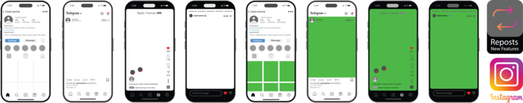 Instagram Post Reels Story home mockup template with iPhone 17 pro Max mock up design. social network screen interface on Iphone smartphone in white and green modes, latest update
