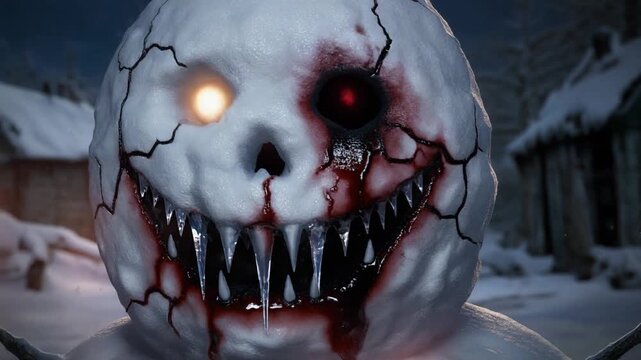 Scary Evil Snowman with Glowing Eye in Dark Winter Night