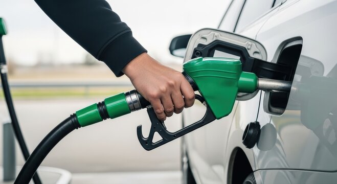 Hand holding green fuel nozzle skillfully pumps gasoline into car tank at service station during a refuel