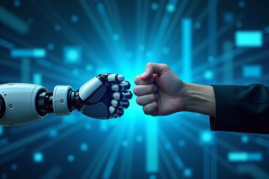 Collaboration between man and machine: A robotic and human hand fist bump against a digital blue backdrop.