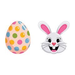 Fototapeta premium Easter egg with dots and smiling bunny head, cheerful holiday sticker, greeting card element, kid friendly egg hunt session vector