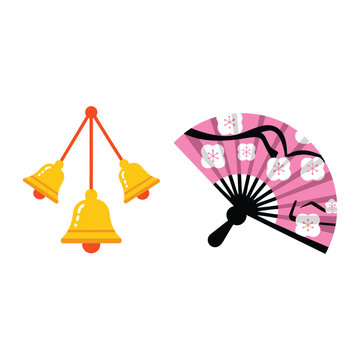 Traditional celebration set with hanging bells and floral folding fan, cultural festival clipart for ceremony program, event signage and packaging