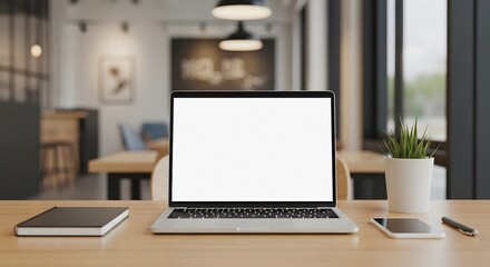 Fototapeta premium Empty Laptop Screen Awaiting Digital Content on a Professional Co-working Desk with Soft Natural Light Setup