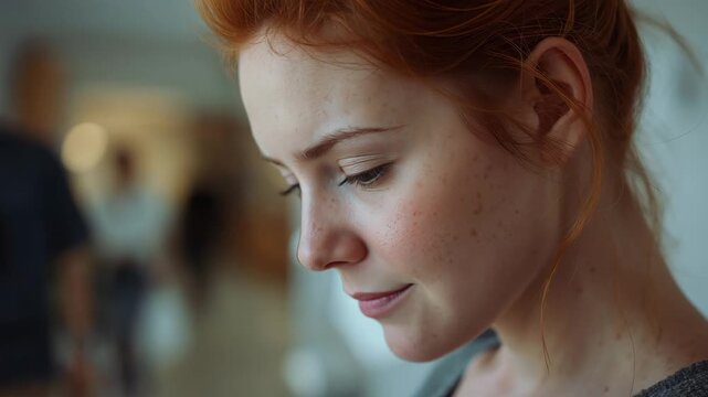 Closeup portrait of red haired woman looking down in soft indoor light
