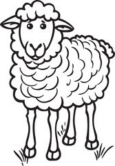 Cute cartoon sheep standing on grass in black and white drawing style  vector art