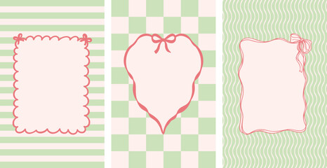 Romantic vintage decorative label frames with scalloped and heart shaped borders on striped checkerboard green pastel background set