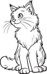 Obraz premium Cute black and white line art drawing of a fluffy cat sitting vector art