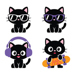 Fototapeta premium Cool black kitten character icons wearing sunglasses, headphones and scarf, trendy cat illustration for teenager t shirt print, sticker design