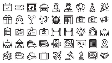 Diverse Event, Travel, and Legal Line Icons: Comprehensive Vector Collection for Various Themes © mdalmahmud023