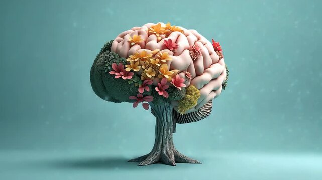 Human brain shaped tree with colorful flowers on light blue background
