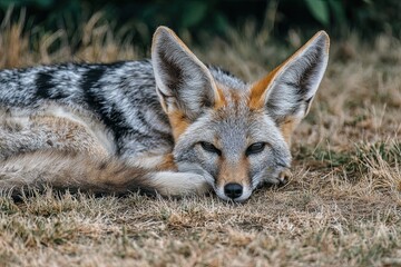 Obraz premium Close-up portrait of a black-backed jackal resting peacefully on a grassy field