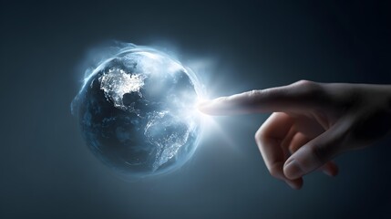 Human hand touching a holographic earth globe, futuristic education