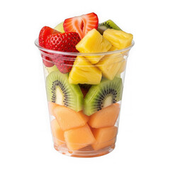A vibrant and colorful fruit salad in a clear glass bowl isolated on transparent background