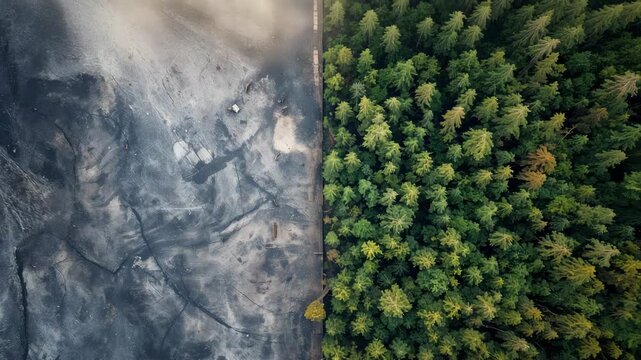 Aerial top view showing sharp boundary between deforested land and dense green forest