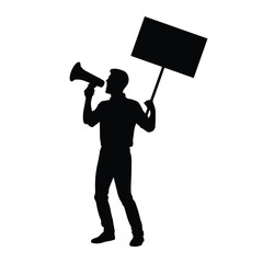 Fototapeta premium Man prostester speaking through megaphone loudspeaker while holding placard black silhouette vector illustration on white background.