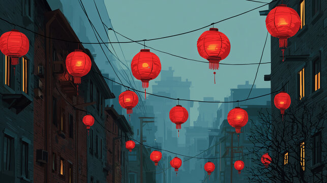 Red lanterns hanging across a festive city street ,Chiness New Year, vector style