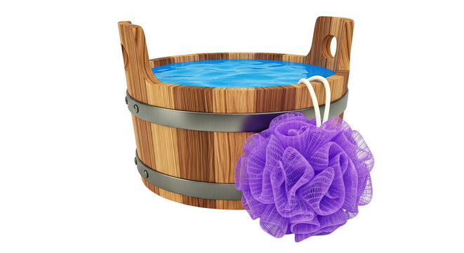Wooden Bucket of Water with Purple Loofah