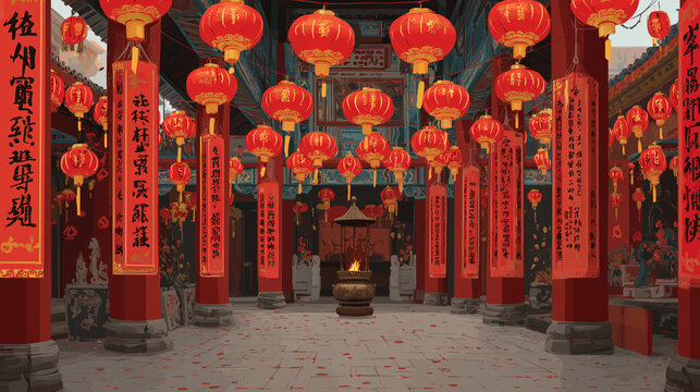 Traditional Chinese temple decorated with lanterns and banners ,Chiness New Year, vector style