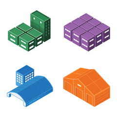 Isometric warehouse cluster icons for logistics expo branding, distribution center tour session, supply chain workshop graphics, industrial estate vector set